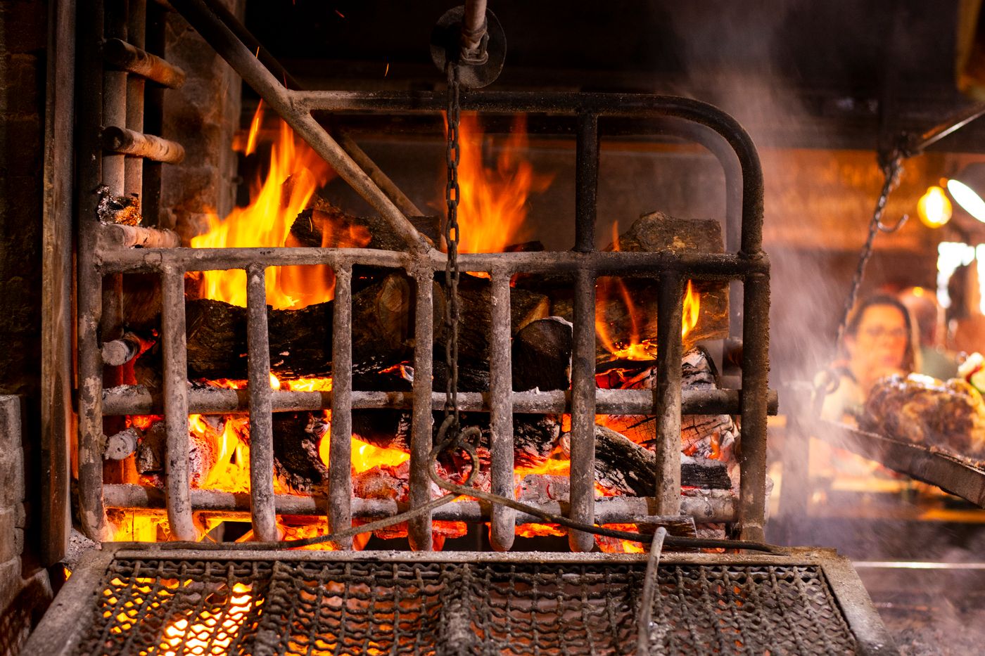 Ironbark logs burning in a cast iron fire grate