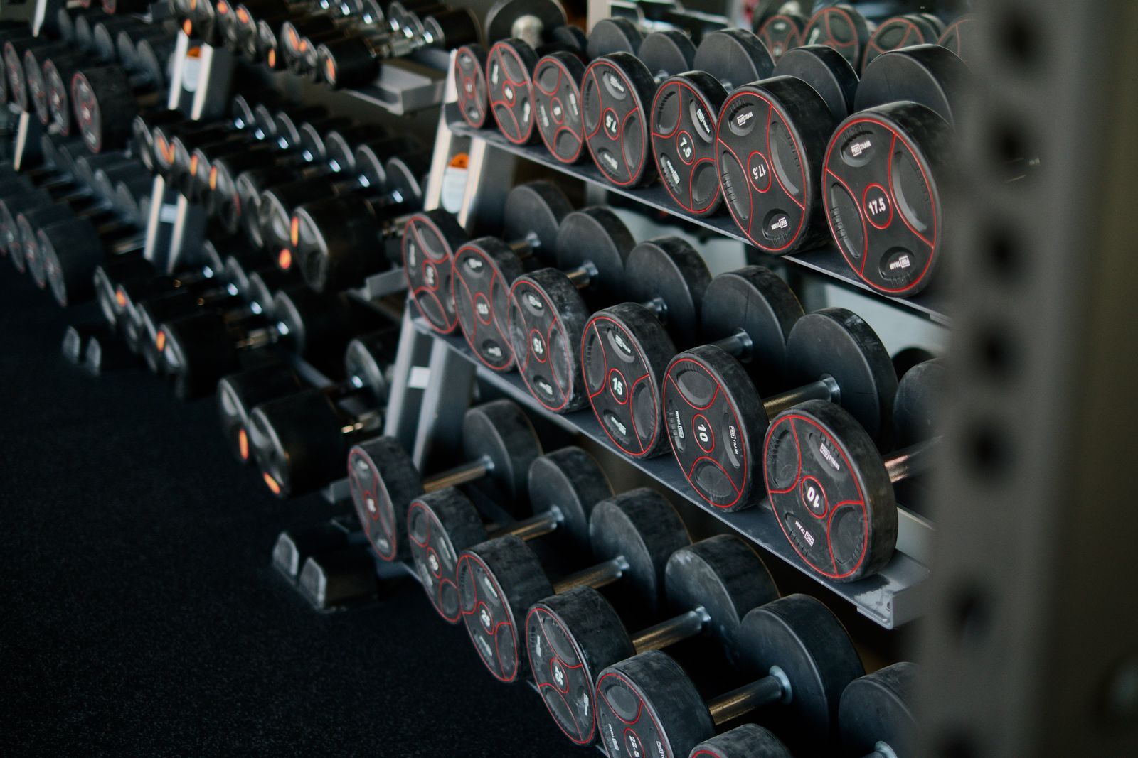 Long racks of dumbbells along a gym wall